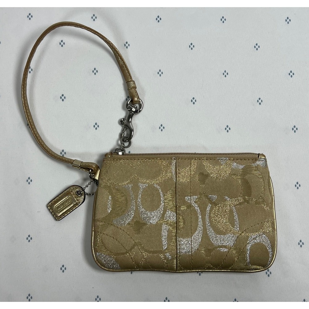 Y2K COACH Wristlet Tan‎ Gold Silver Signature Canvas Small Purse Bag